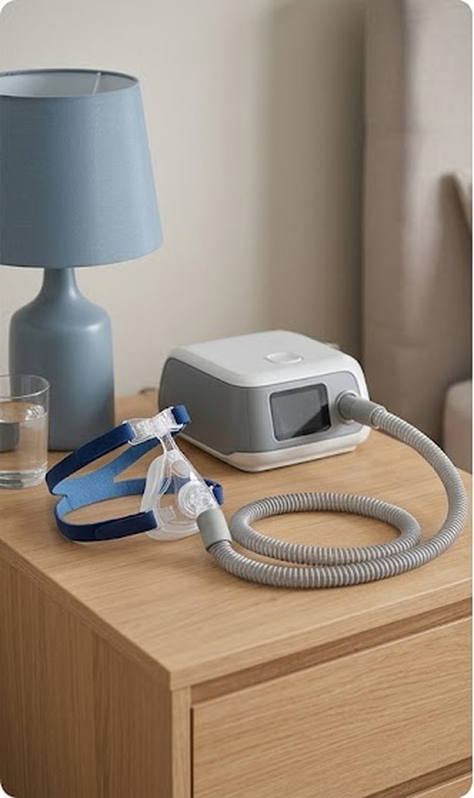 A CPAP machine and mask on a bedside table