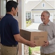A supplier technician handing a boxed CPAP machine to an older patient at the front door