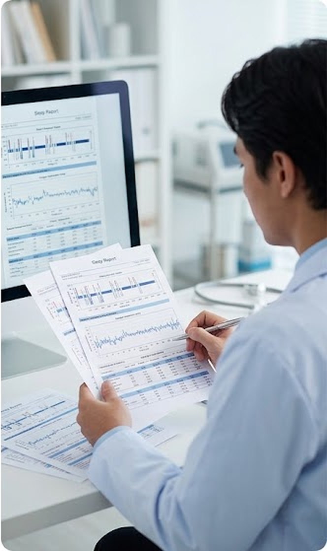 A staff member reviewing a printed sleep study report
